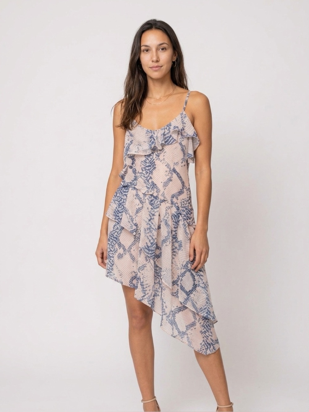 Olivaceous Light Beige and Blue Asymmetrical Ruffle Slip Dress